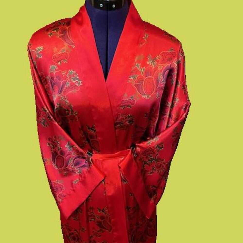 Vintage Red Kimono short floral print Robe 14/20
